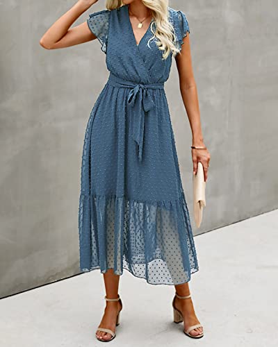 Image of BTFBM Women Summer Bohemian Floral Casual Wrap V Neck Ruffle Cap Sleeveless Belt A-Line Pleated Hem Midi Sun Dress White