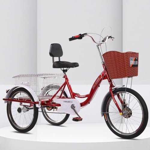 sjdoPulse Dreirad Für Erwachsene, 3-Rad-Lastenräder, 20 Zoll, Dreirad-Beachcruiser-Fahrrad Für Damen, Dreirädriges Cruiser-Fahrrad Mit Großem Einkaufskorb (Red Pro)