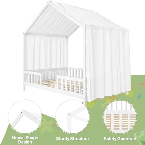 Image of Full Size Wood House-Shape Platform Bed with Roof Frame and Canopy, Montessori Floor Bed with High Railings and Slat Support for Kids Girls Boys, No Box Spring Needed (White-05, Full)