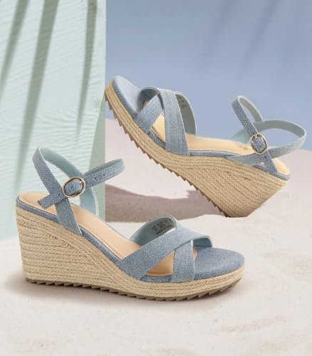Image of Ankis Wedge Sandals for Women, Espadrille Womens Wedge Sandals Comfortable Open Toe Cross Band Ankle Strap High Heel Wedges for Women Dressy Summer -3.4Inch