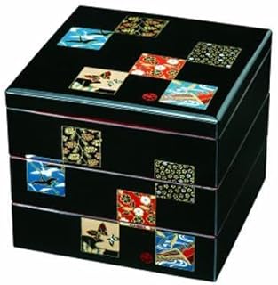 三段重箱 黒内朱 市松友禅 お重 紀州漆器 重箱 3段 運動会 おせち料理 おせち お正月 年末年始 黒【YG5】