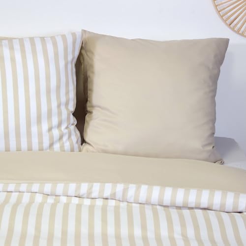 Parure de lit microfibre 260x240 anti-plis rayures beige réversible