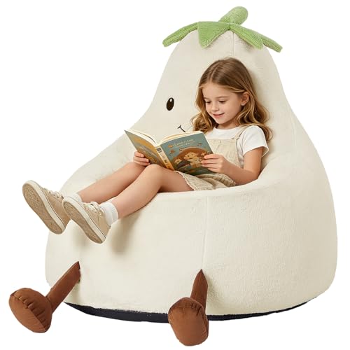 Image of 24 Inches Memory Foam Bean Bag Chair - Ultra Soft Faux Rabbit Fur Round Sofa with Handle & Machine Washable Cover, Eggplant-Shaped Kids Reading Chair for Bedroom, Living Room and Playroom, Beige