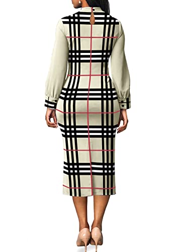 Women Sexy Plaid Print Crew Neck Dresses Elegant Bodycon Long Sleeve Stretchy Pencil Business Suiting Dress A-Grey #TOP1