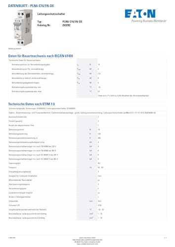 Eaton PLN6-C16/1N-DE Leitungsschutzschalter 16A 1P+N 1-polig+N C-Charakteristik LS-Schalter 1 TE eine Teilungseinheit breit (263282)