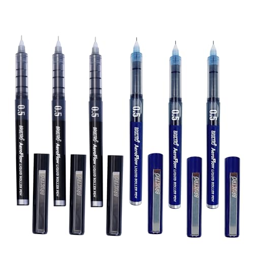 Image of BRUSTRO AeroFlow Liquid Ink Rollerball Pens| 3 Black & 3 Blue | Total Pack of 6 | 0.5mm, Micro Tip | Ideal for Students, Professionals, Office, Exam use, Accurate Smooth Writing, Fade Resistant