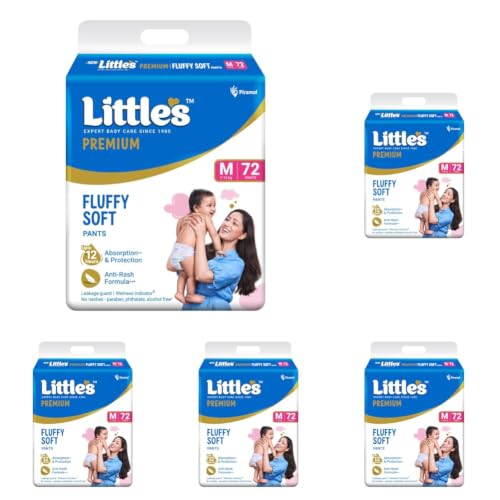 Image of Little's Premium Baby Diapers M Size (Medium) Pants Style | 7-12 kg | 72 Count | Super Jumbo FluffySoft Baby Diaper with Leakage Guard, Wetness Indicator & 12 Hours Absorption (Pack of 5)
