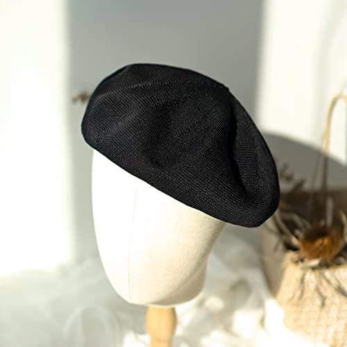 Gllutt Summer Knitted Thin Beret Hat For Women Size Adjustable French Style Solid Color (Thin Black) #TOP4