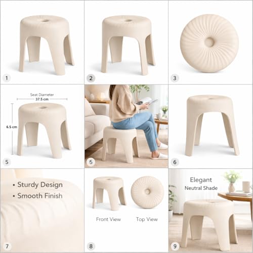 Image of Modern Plastic Stool for Home & Bathroom | Strong & Durable Multipurpose Stool for Sitting, Footrest & Kitchen Use | Elegant Cream Color