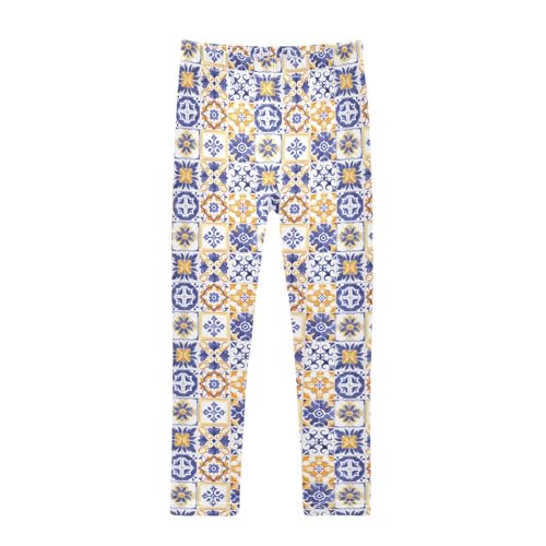 ALAZA Girls' Leggings Children's Yoga Pants Skinny Printed Dance Blue and Orange Moroccan Comfortable 4T
