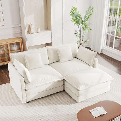 mikibama Modular Sectional Sofa, 76.4 Inch L Shaped Couch Set for Living Room, Loveseat Comfy Cloud Couches with Movable Ottoman, DIY Combination, Chenille, Beige