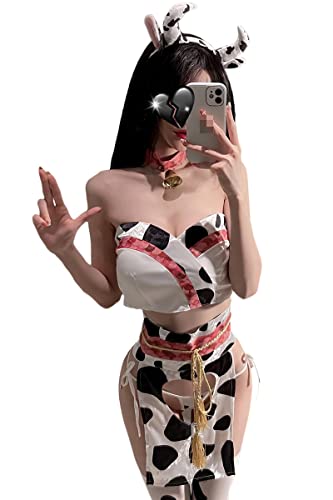 Womens Anime Cow Cosplay Bikini Bra and Panty Set Japanese Kawaii maid lingerie (cow outfit 5)