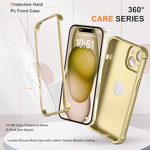 Image of ORETECH 3 in 1 for iPhone 15 Plus Case with 2 x Screen Protector,Gold | Full Body Shockproof Design Smooth Texture,15FT Military Grade, Camera Lens Shield, with Armor Front Frame Protection