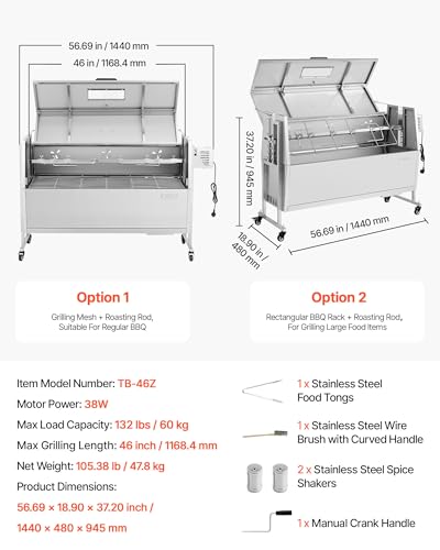 VEVOR Drehspießgrill 38 W Spanferkelgrill Lammgrill Holzkohlegrill (1168,4 mm Grilllänge) mit 60 kg Tragkraft & Rädern & 4-facher Höhenverstellung & Deckel, Edelstahl-Elektrogrill-Set für Camping