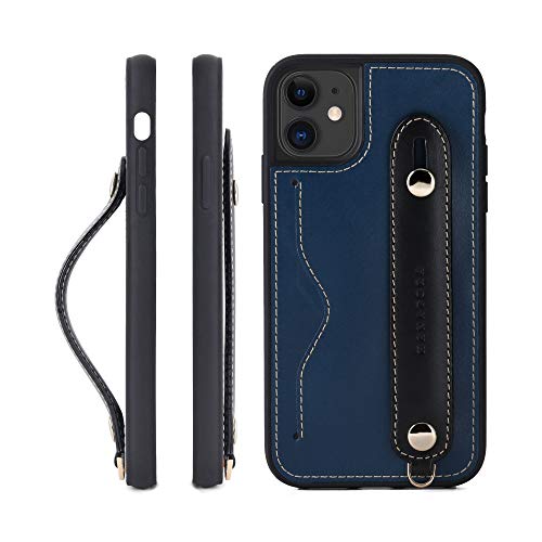 HANATORA IPhone 11 グリップケース レザー 本革 ストラップ付属 イタリア製牛革 ヌメ革 片手操作 カード収納 スタンド機能 メンズ レディース ブルー/ブラック CGH-11-Blue-BK