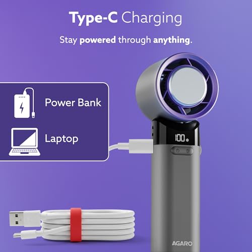 Image of AGARO Regency Rechargeable Mini Handheld Fan with Ice Touch Technology, 100 Adjustable Speeds, 4000mAh Battery, USB-C Charging, Foldable Portable Fan with Smart Digital Display, Use for Home