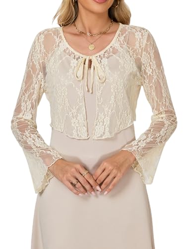 Boléro Femme Dentelle Gilet Veste Transparentes Cardigan Court Manches Longues pour Robe Mariage T Shirt Bretelle Chic Elégante Soirée Fête Décontracté Beige S
