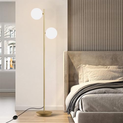 Image of 2 Light Mid Century Modern Floor Lamp for Living Room Retro Vintage Tall Standing Lamp with Frosted Glass Globe Shade Brass Floor Lamps for Office Hotel Bedroom