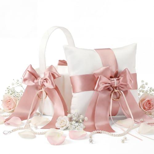 Ferrochef 2 Pcs Flower Girl Baskets and Ring Bearer Pillow Set Pink Satin Bowknot Flower Baskets White Ring Bearer Pillow Ivory Satin Wedding Fairy Decor for Wedding Party Ceremony