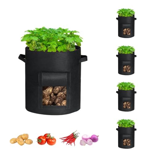 VATENA 5 Pack 10 Gallon Potato Grow Bags with Flap, Thickened Potato Bags for Growing Potatoes,Tomato and Vegetables(Black)