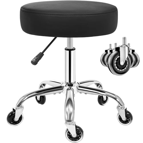 ANWBROAD Round Rolling Stool with Wheels Height Adjustment 360° Swivel Stool Heavy Duty Wide Chair PU Leather Soft Seat Cushion for Massage, Salon, Bar, Home, Office, Tatoo, Medical, Black UWSC001B
