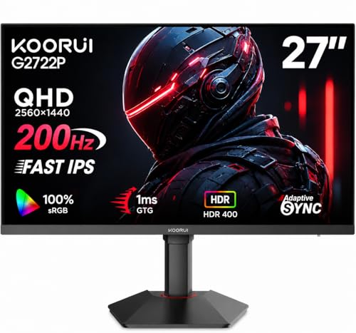KOORUI 27 Inch 1440p Gaming Monitor 200Hz, 1ms, Fast IPS Screen, HDR400, 95% DCI-P3 Color Gamut, Height/Pivot/Tilt Adjustability, Adaptive Sync Technology, HDMI & DP Ports, 2K Monitor, Black, G2722P