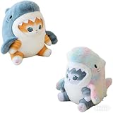 DSWUJHI 8'' Cute Shark Cat Plush Toy Fried Shrimp Cat Stuffed Animal Plushies Doll,Gift for Kids (Blue Gold+Colorful Grey)