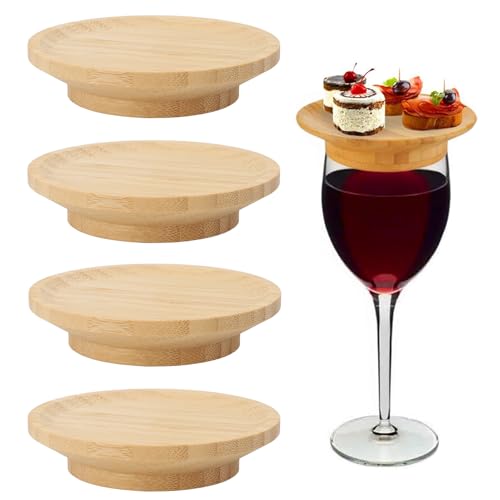 Gsycle 4pcs Charcuterie Wine Glass Topper, 4in Wood Mini Charcuterie Board Plates Wine Glass Covers for Christmas Party Family Gatherings