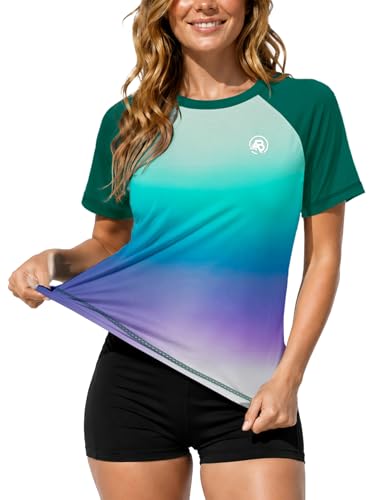 Image of AOBUTE Women Short Sleeve Rash Guard Gradient Sun Protection Swim Shirts