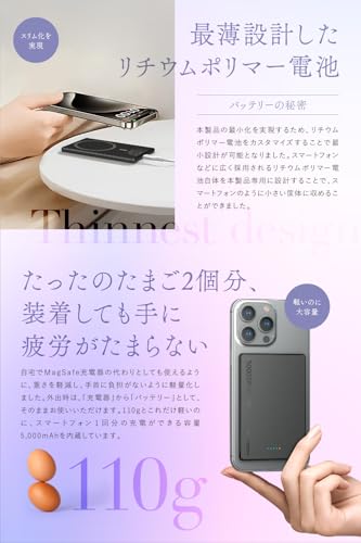 MATECH モバイルバッテリー マグセーフ 超薄型 小型 軽量(史上最薄6.9mm, 5000mAh)【MagSafe対応マグネット式/最大出力15W ワイヤレス/タイプC PD22W/iPhone12~16対応】 (ホワイト)