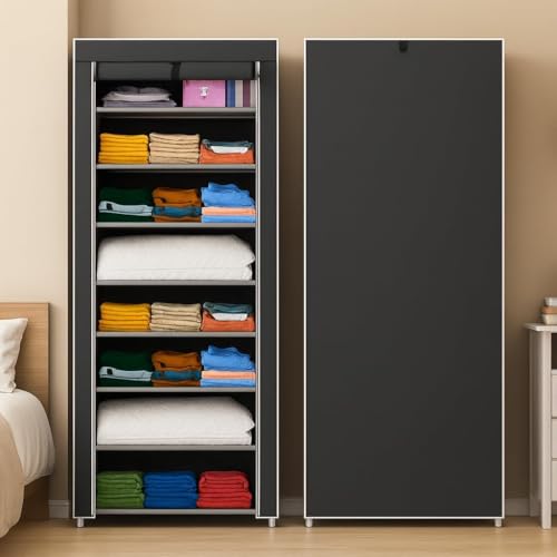 Image of Bagnizer Collapsible Wardrobe Printed Cover 6 Shelves Storage Clothes Storage Rack -Great Kitchen Storage QuickWardrobe Organizer Storage Rack Foldable Collapsible (Gray)