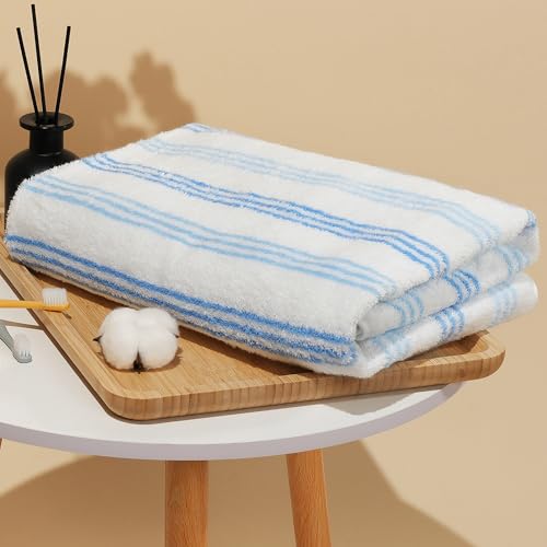 Image of Vie TRIOMPHE Blue Striped 100% Cotton Zero Twist Yarn Bath Sheet & Bath Towels Beach Towel 70x140cm Ultra Soft Quick Dry Highly Absorbent For Bathroom Spa Pool Gym Travel Luxury Hotel Use