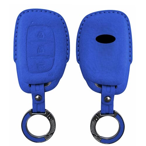 Image of KMH Alcantara Car Key Cover Compatible Hyundai Grand i10 NIOS Asta | Venue | i20 | Aura | Creta | Elantra 3 Button Shell Case Holder Full Key Protector Keycover with Keychain (D1) Blue - Pack of 2