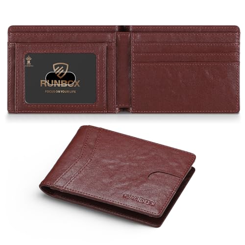 Image of RUNBOX Wallet for Men Slim Leather Bifold RFID Blocking Minimalist Front Pocket Design with Gift Box | Minimalist Front Pocket Design, Holds 8 Cards, RFID Protection, Gifts for Men on Birthdays, Father's Day, and Christmas