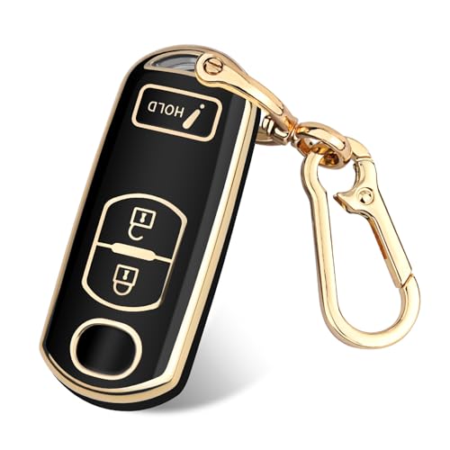 FT FUNTOR for Mazda Key Fob Cover 3 Buttons TPU Key Cover with Golden Edge Compatible with Mazda 3 6 CX-3 CX-5 CX-7 CX-9 with Keychain (A-Black)