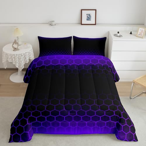 Image of Purple Black Ombre Honeycomb Comforter Set Queen Size, Abstract Hexagonal Bedding Set for Kids Geometrics Honeycomb Comforter Beehive Hexagon Duvet Set Durable Bed Set 3Pcs