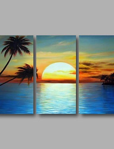 OFLADYH Ready to Hang Stretched Hand-Painted Oil Painting 48"x32" Three Panels Canvas Wall Art Seascape Sunrise Sea Coco Trees