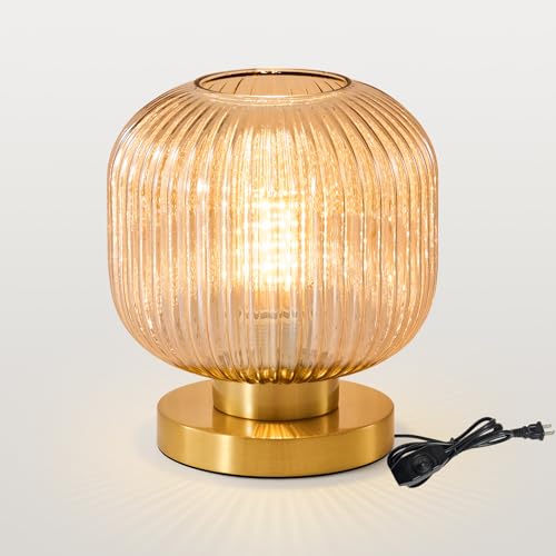 Mid Century Globe Table Lamp: Amber Vintage Pumpkin Ribbed Glass Dimmable Plug in Bedside Lamps - Cute Brass Gold Modern Side Table Lamp Nightstand Light for Bedroom Entryway Office Desk Liv