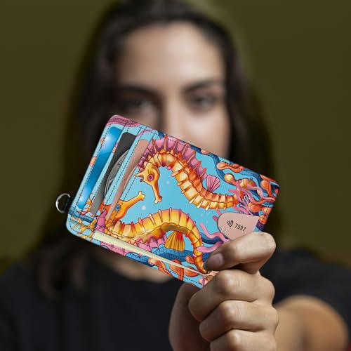 Image of Small Travel Wallets, Seahorse Slim Minimalist Front Pocket Wallet with Wristlet, RFID Blocking PU Leather Credit Card Holder with ID Window Change Purse for Men Women