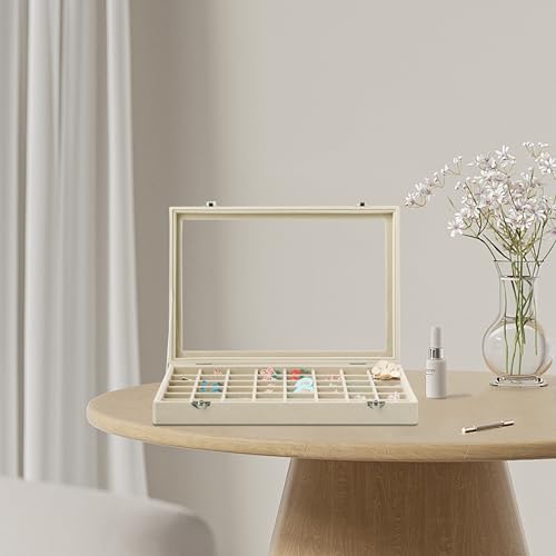 Frebeauty 48 Grid Jewelry Tray,Adjustable Earring Holder Organizer with Glass Lid,Velvet Drawer Jewelry Organizer for Rings,Studs,13.8 x 9.5 x 2 Inches Jewelry Display Box,Gift for Women(Beige) by Frebeauty - Image 2