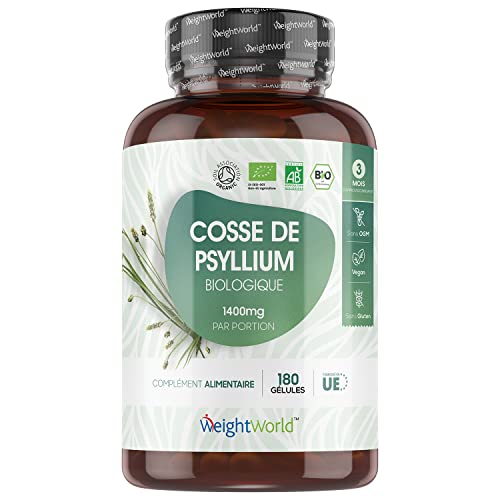 Psyllium Blond Bio en Gélules 1400mg - 180 Gélules Vegan (3 Mois) - Cosse de Psyllium Bio - Riche Source de Fibre - Sans Gluten, Sans Lactose, Biodisponible - Tégument de Graine de Plantago Ovata