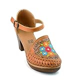 COLORES DE MEXICO MX - Mexican Leather Shoes with Embroidered Flowers, with heels for Women - Model 102BL (7, Brown)