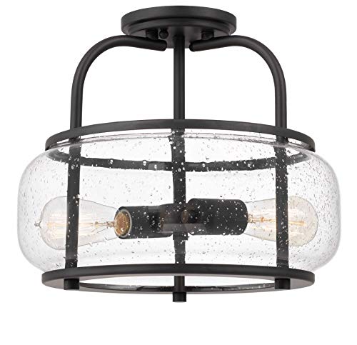 Tawson Elisha 2-Light Semi Flush Mount Ceiling Light Fixture with Seeded Glass Shade Black Graphite Finish for Hallway, Entryway, Passway, Dining Room, Bedroom, Garage, Kitchen, Balcony, Living Room