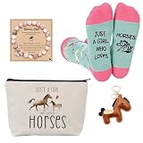 Für die Liebhaber der Pferde: 4 Stück Druck Pferd Tasche Reißverschluss, Minze & Rosa Socken, Armband von Perlen mit Pony-Anhänger, Schlüsselanhänger Pferd aus Leder, Set von wiederverwendbarem Leinwa