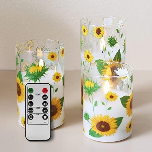 Eywamage Floral Glass Flameless Candles with Remote, Flickering LED Battery Candles D 3" H 4" 5" 6"