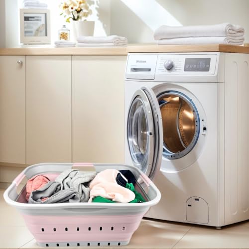 SAMMART-42L-11-gallon-Collapsible-Plastic-Laundry-Basket-Foldable-Pop-Up-Storage-ContainerOrganizer-Portable-Washing-Tub-Space-Saving-HamperBasket-GreyPale-Pink