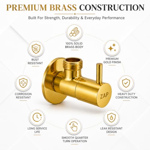 Image of ZAP Bathroom Angle Valve Pack of 6 | 100% Brass Angle Cock with Wall Flange | Gold Finish Stop Valve for Basin Tap, Geyser, Health Faucet & Jet Spray | Rust & Corrosion Resistant