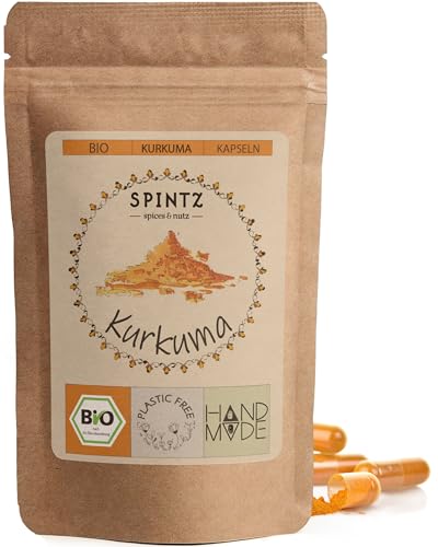 SPINTZ 120 Stk. Bio Kurkuma Kapseln - 620mg Kurkumapulver pro Kapsel - Pulver aus gemahlenem Curcurma, Gelbwurzel - hochdosiert - vegan und 100% natürlich | plastikfrei verpackt