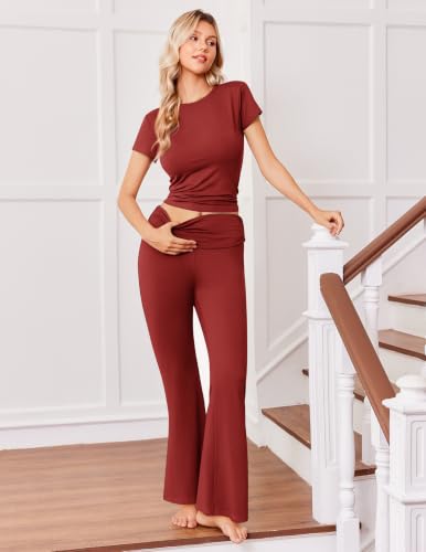 Image of Ekouaer Womens Pajama Set Short Sleeve Crop Top Foldover Flare Pants | Soft Comfy Stretchy, Summer Wear Fall Layer, High Waist Fold Waistband For Loungewear Yoga Daily Casual Wear