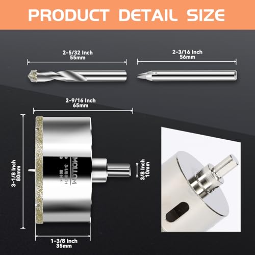 Image of MOLLOM 3-1 /8 inch (80mm) Diamond Hole Saw with 2 Pilot Drill Bit